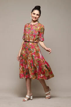 Deep Fuchsia Rayon Straight Printed Dress