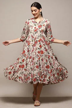 Off White Cotton Flared Printed Dress