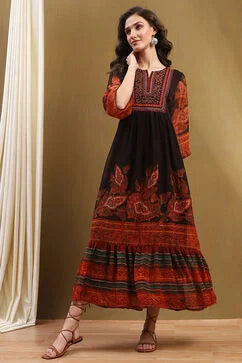 Chocolate Brown Georgette Printed Tiered Dress