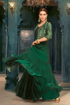 Emerald Green Silk Festive Tiered Anarkali Dress