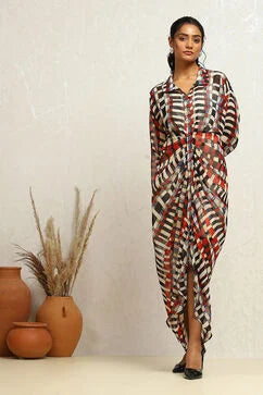 Beige and Black Georgette Printed Gathered Straight Dress